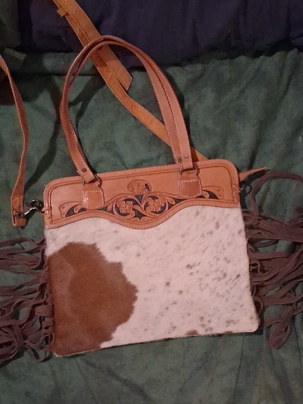 American Darling Tan Leather & Brown/White Cowhide Fringe Shoulder Bag